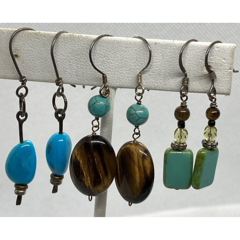 Vintage Lot of 3 Beaded Stone Dangle Earrings Sterling 925 Silver 11g Tigers Eye